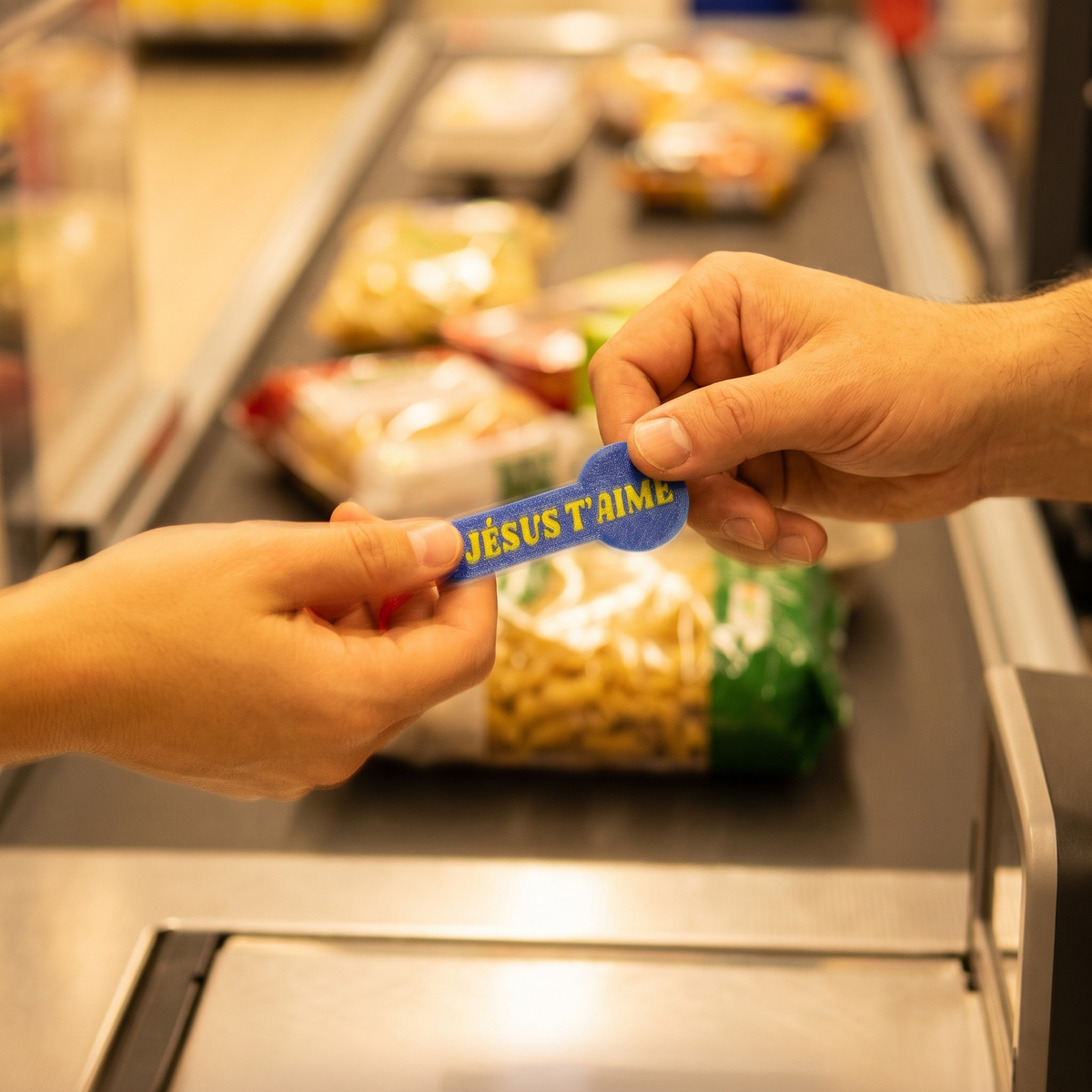 Remise d'un jeton « Jésus t'aime » à la caisse d'un supermarché