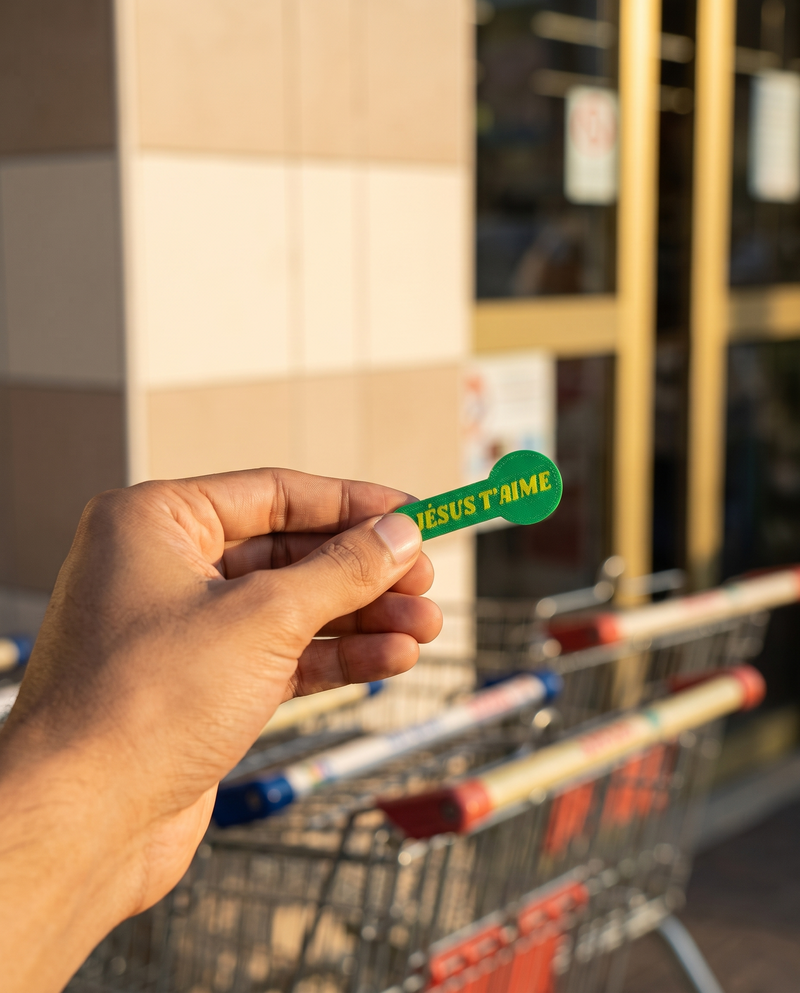 Main tenant un jeton de caddie vert « Jésus t'aime » devant un supermarché